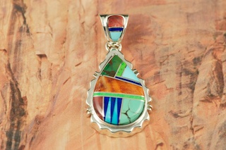 Genuine Sleeping Beauty Turquoise, Spider Web Turquoise, Spiny Oyster Shell and Blue Lapis inlaid between ribbons Sterling Silver. Precision inlay on the Bale and Pendant. Free 18